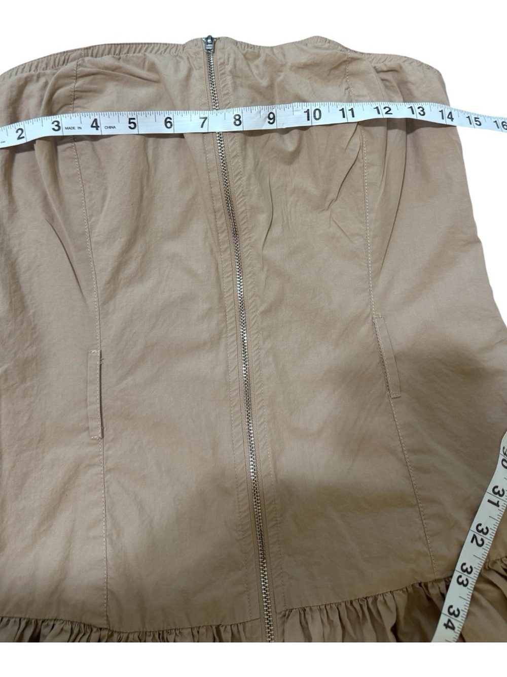Strapless Midi Dress in Taupe with Front Zip - Picture 3 of 6